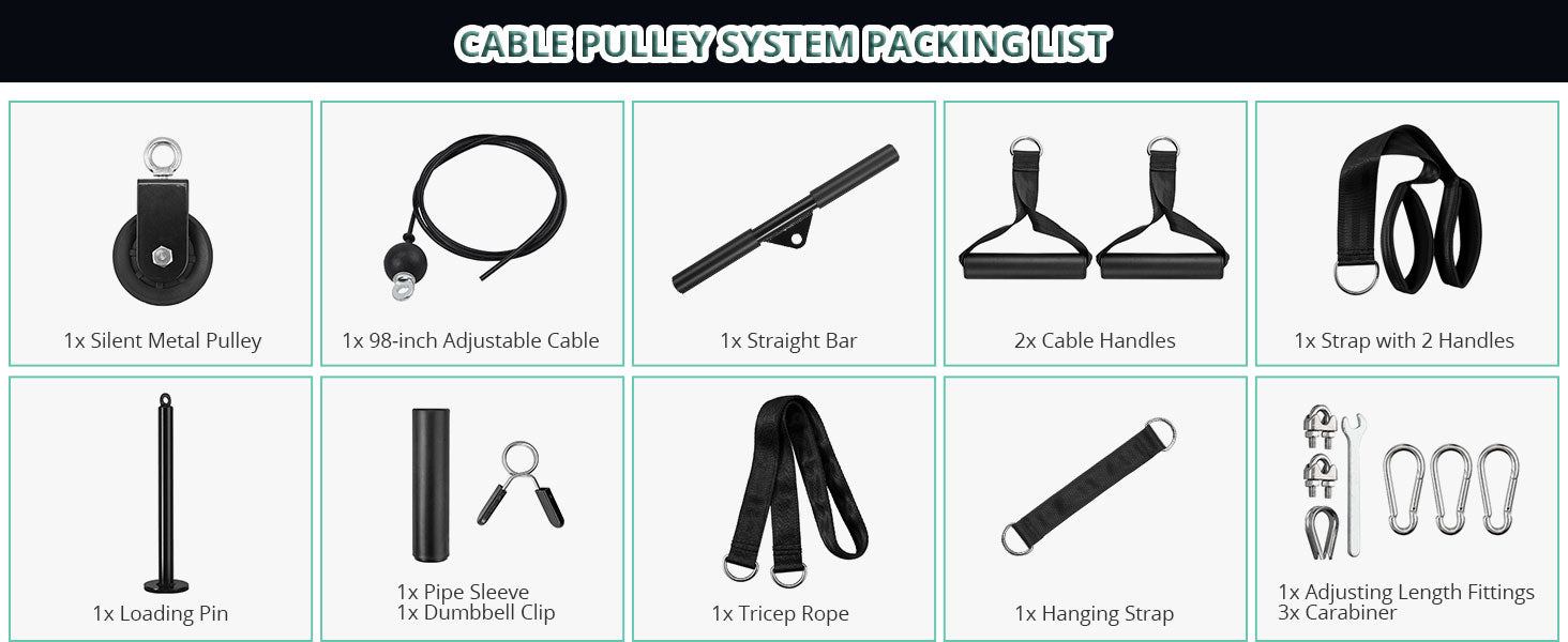 VINTEAM Fitness Pulley System, Pulley Cable Machine DIY Fitness Home Gym Equipment Workout Accessories with Tricep Rope, LAT Pull Down Bar, Gym Cable for Triceps Extensions, Biceps Curl, Forearm