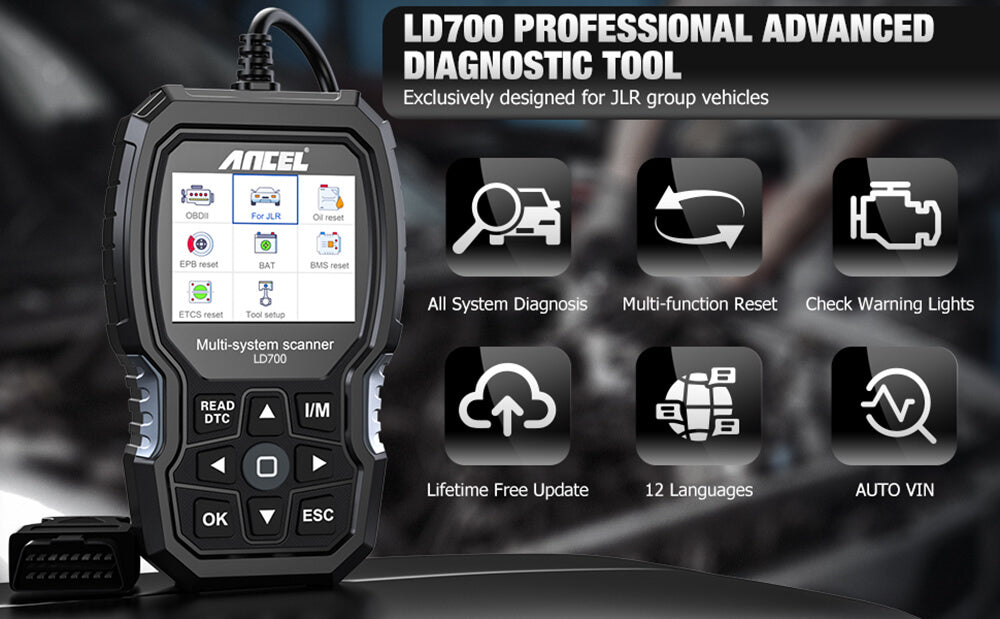 ANCEL-LD700 OBD2 Scanner, TPMS, ABS, Reset De Óleo, Motor, Todos