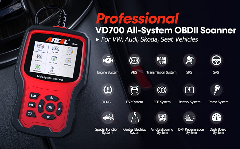 ANCEL VD700 All System OBD2 Scanner with 8 Special Functions for VAG V