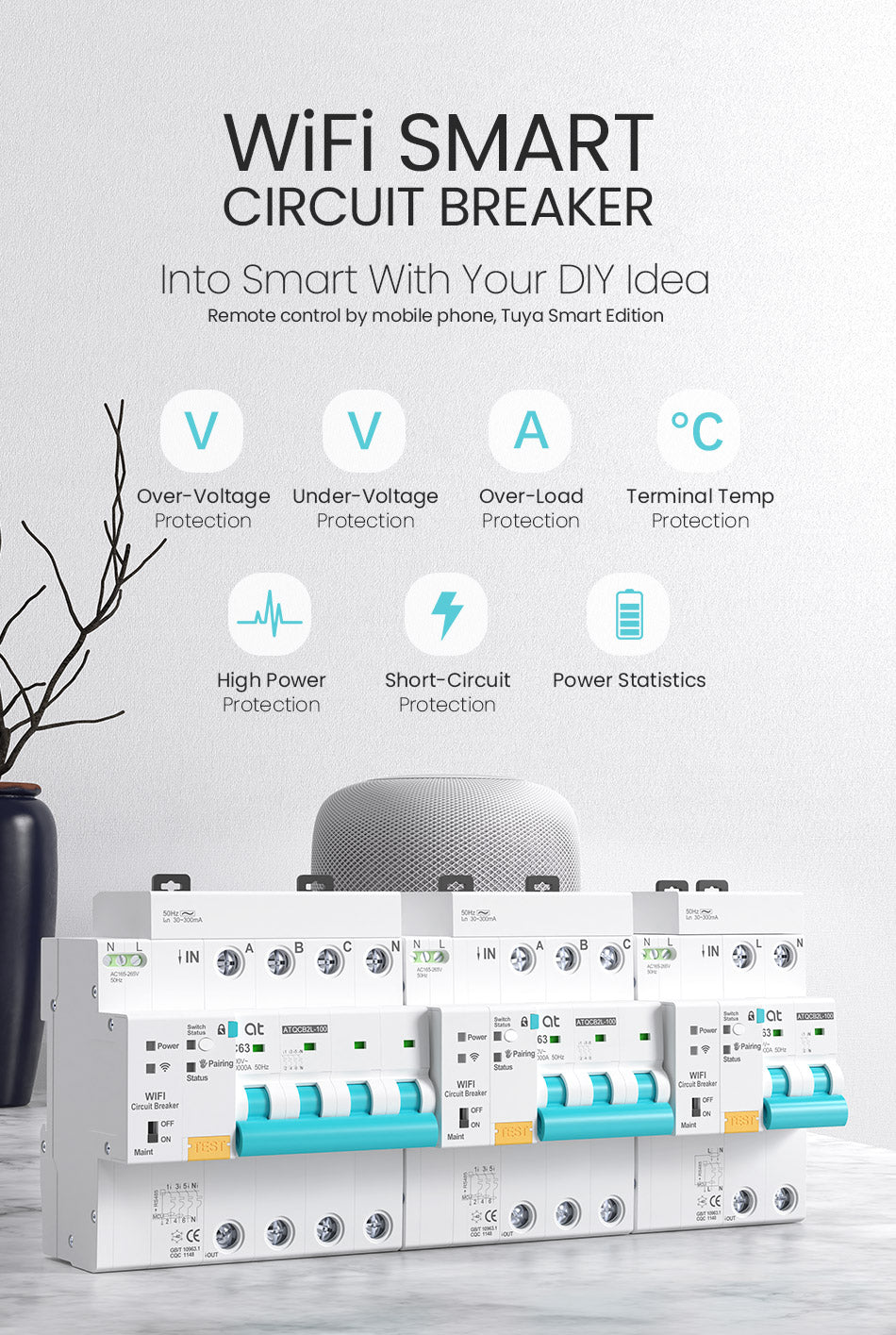 ATQCB2L Disjoncteur intelligent de minuterie de mesure WIFI Tuya