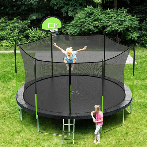 Trampoline with basketball hoop
