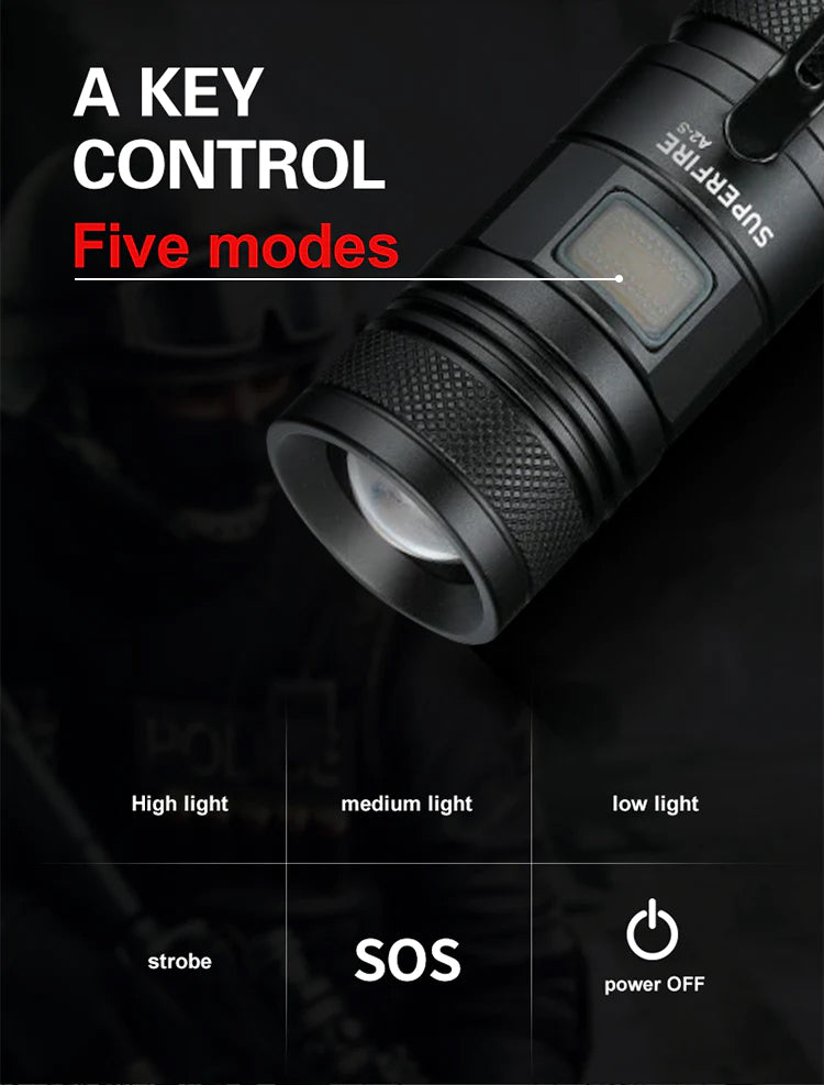 A KEY CONTROL Five modes High light   medium light    low light strobe    sos power OFF