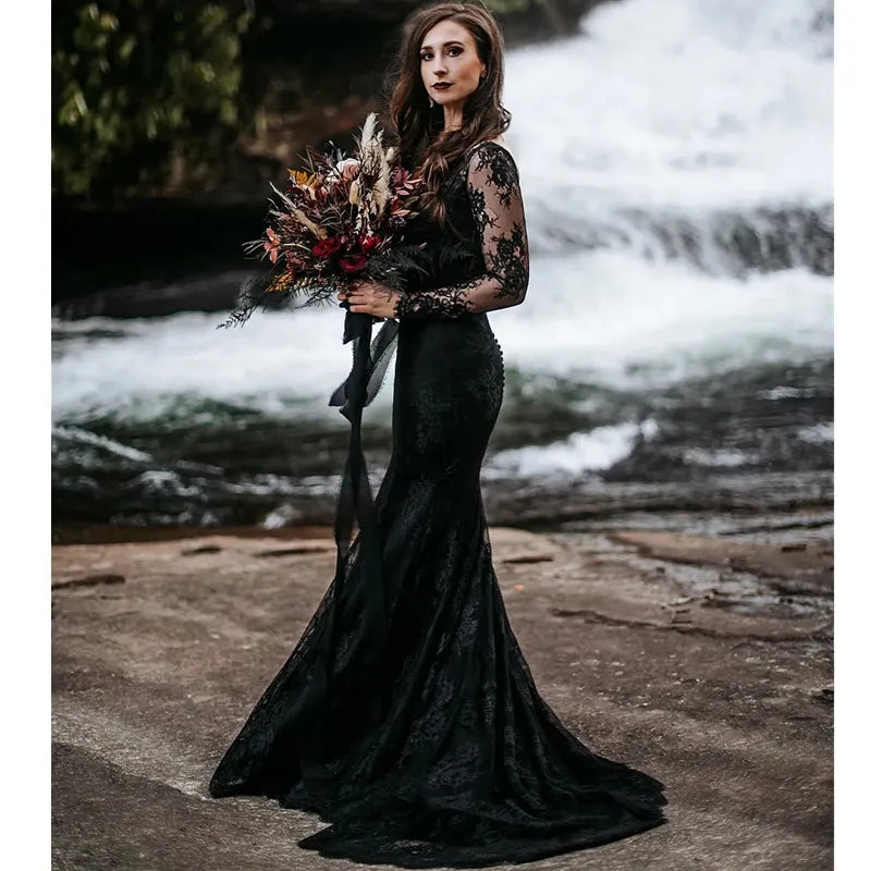Black Gothic Wedding Dresses Long Sleeves V-Neck Lace Mermaid Bridal