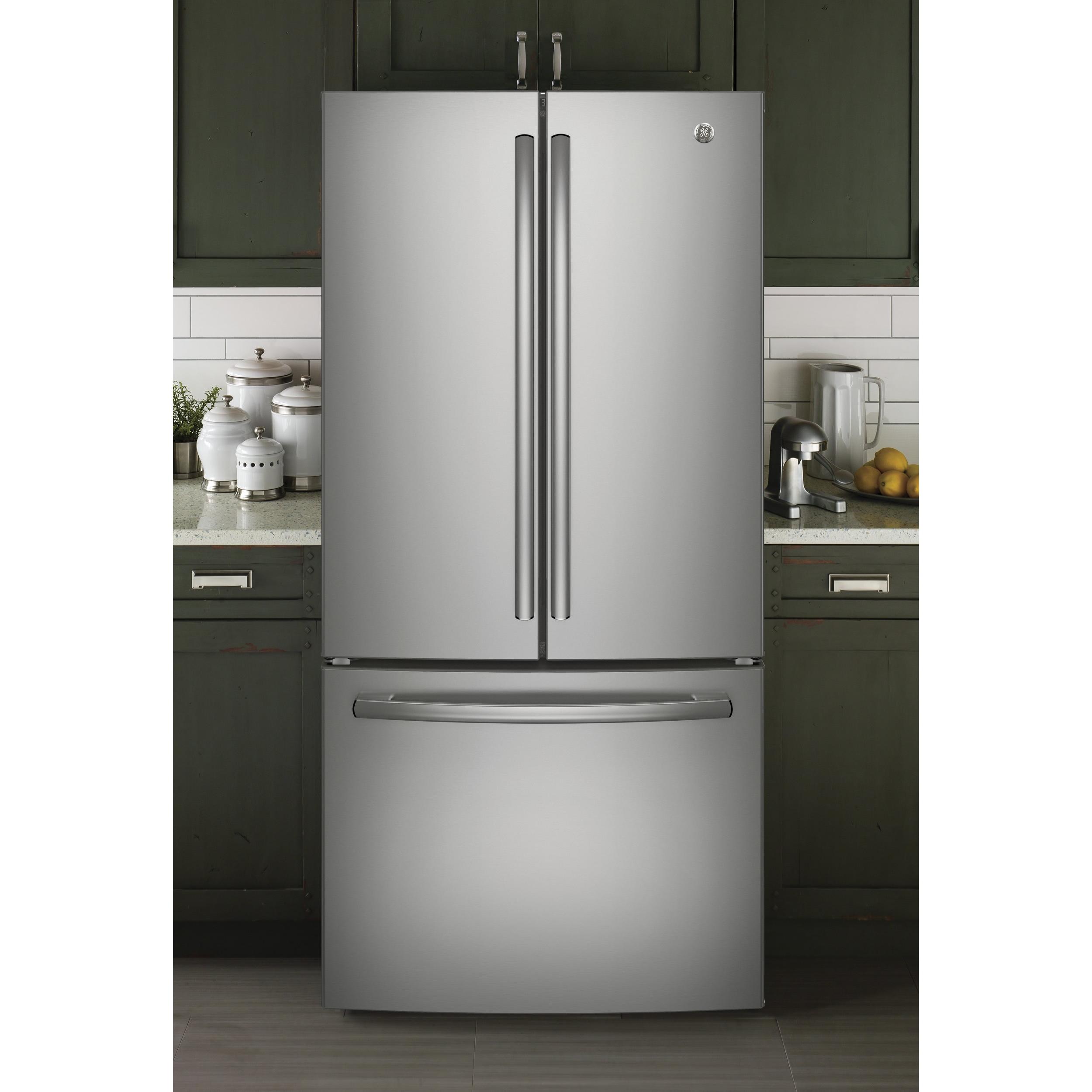 GE 33-inch, 24.8 cu. ft. French 3-Door Refrigerator with Ice and Water GNE25JSKSS