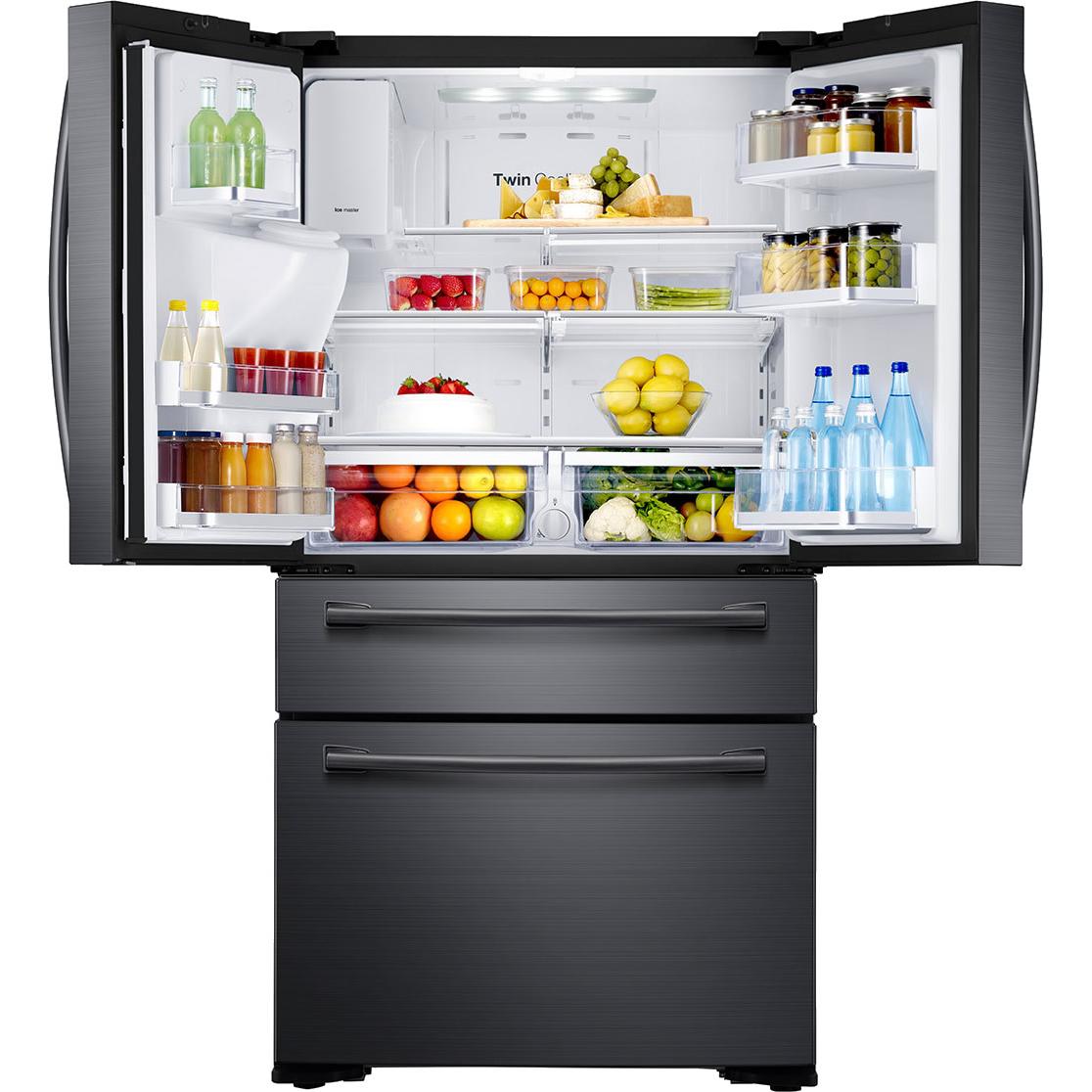 Samsung 36-inch, 30 cu. ft. Freestanding French 4-Door Refrigerator with Ice and Water Dispensing System RF30KMEDBSG/AA