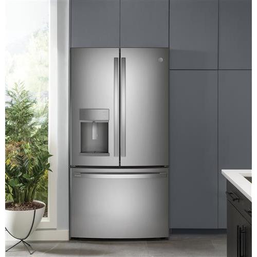GE Profile 36-inch, 27.7 cu.ft. Freestanding French 3-Door Refrigerator with External Water and Ice Dispensing System PFE28KYNFS