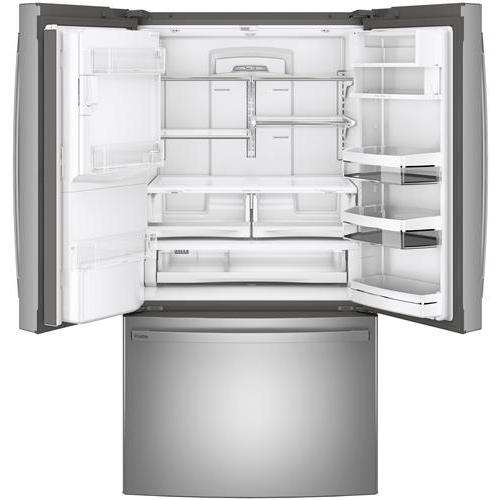 GE Profile 36-inch, 27.7 cu.ft. Freestanding French 3-Door Refrigerator with External Water and Ice Dispensing System PFE28KYNFS