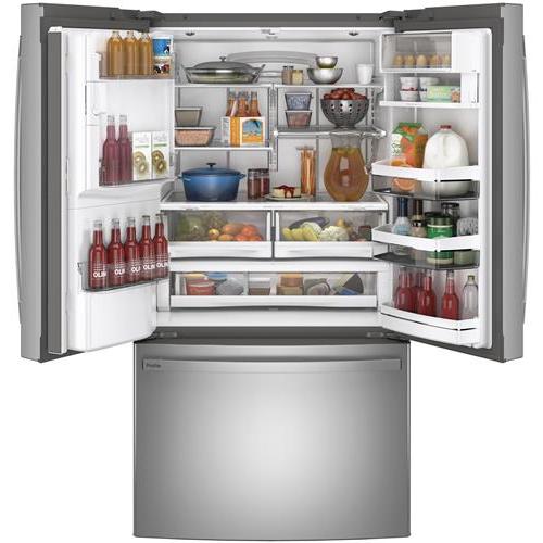 GE Profile 36-inch, 27.7 cu.ft. Freestanding French 3-Door Refrigerator with External Water and Ice Dispensing System PFE28KYNFS