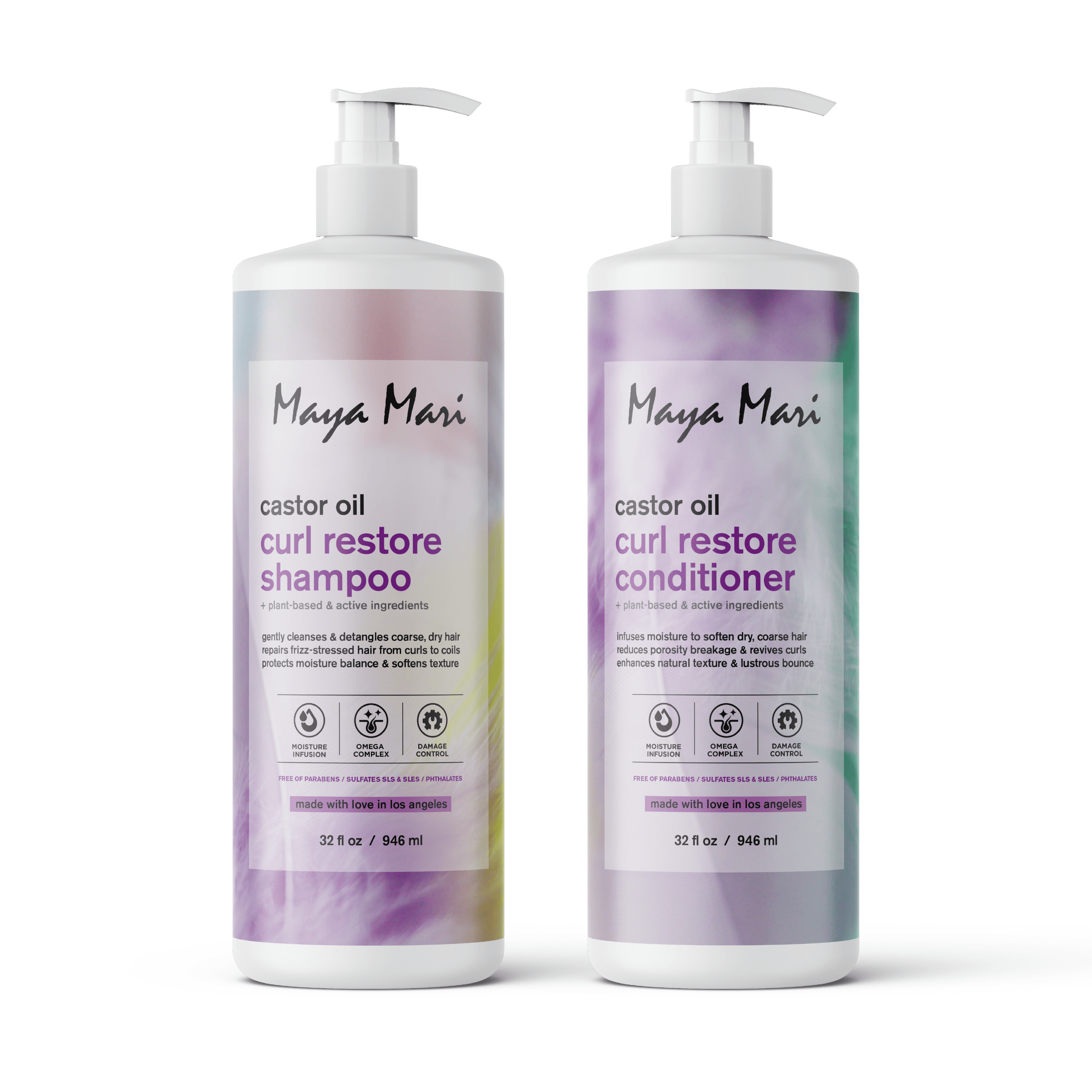 Maya Mari Castor Oil Curl Restore Shampoo & Conditioner SET - Sulfate Free Damage Repair & Moisture Seal for Dry Coarse Hair, 32 fl oz