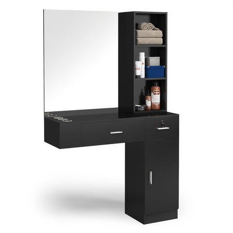 3.OmySalon Wall Mount Barber Salon Stations w/Mirror 1 Storage Cabinet 2 Drawers 3 Tier Shelf