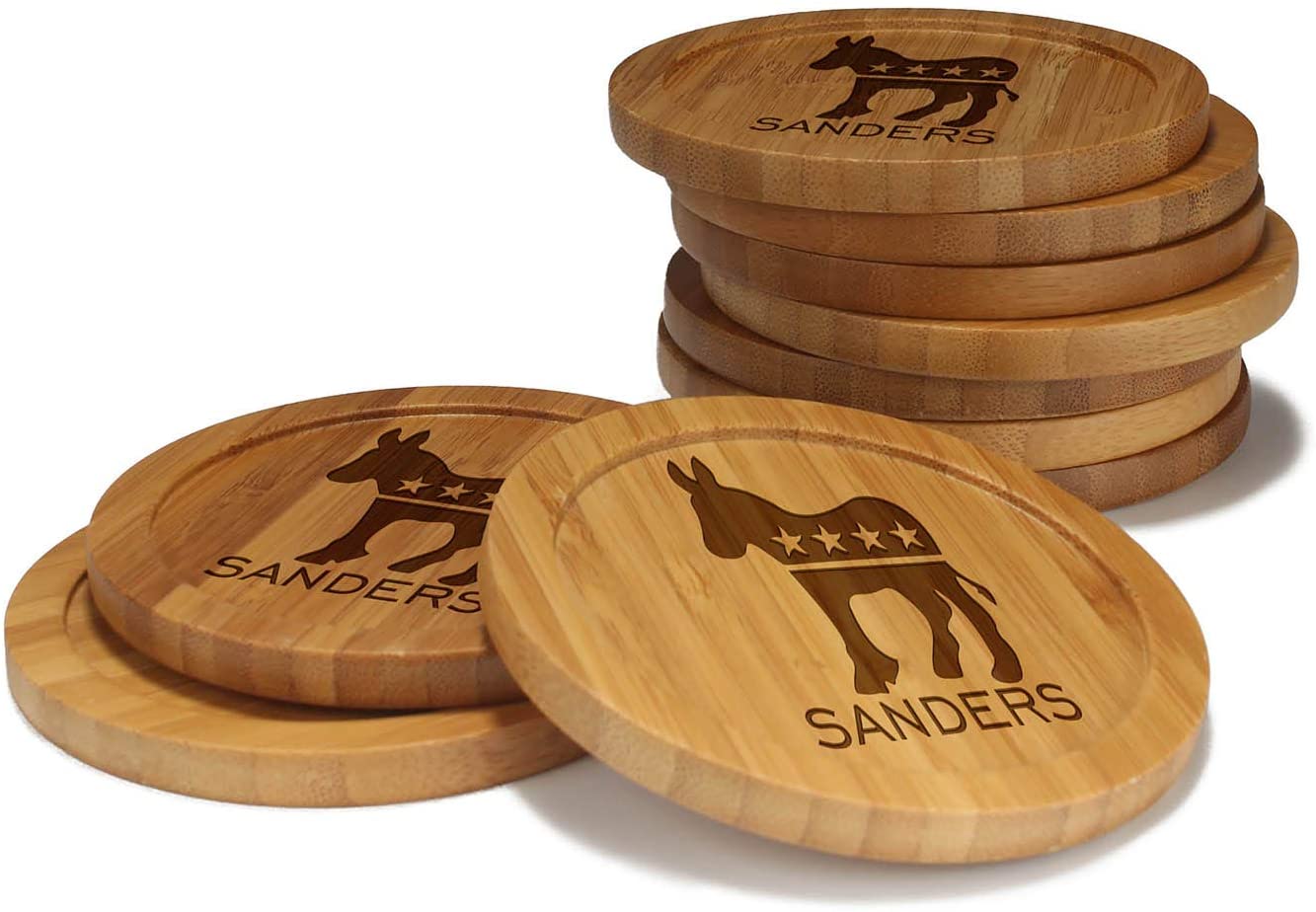 Democrat Round Custom Engraved Bamboo Coaster Set