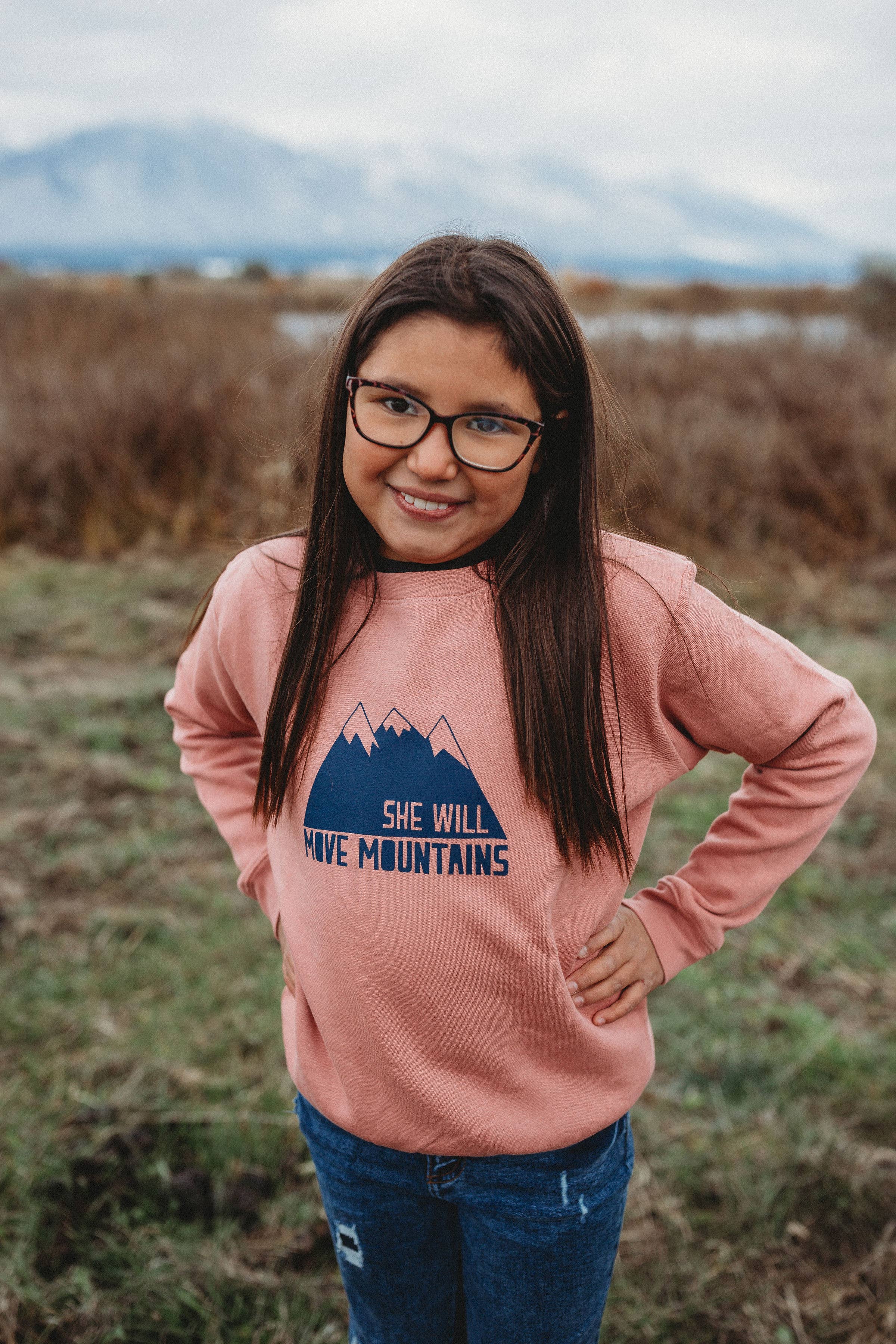 She Will Move Mountains Kids Crew: YM / Pink w/ Blue Font