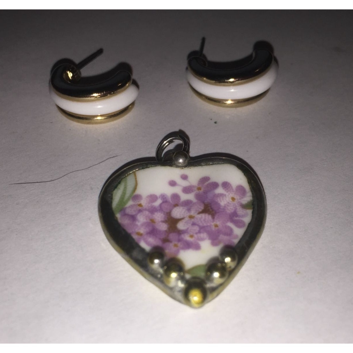 Womens Jewelry Set- White/Gold Tone Hoop Earrings & Purple Floral Heart Pendant