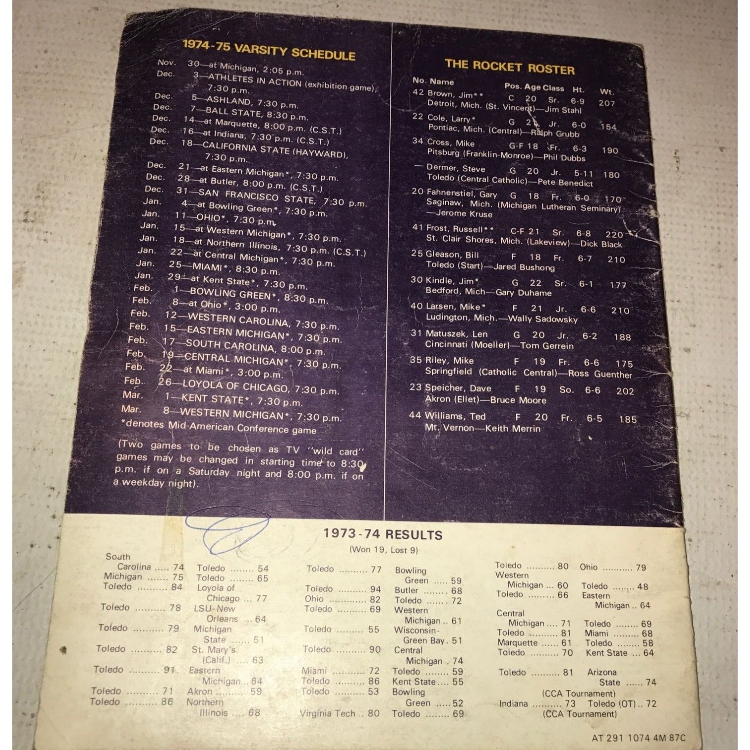 The University of Toledo (UT) 1974 Vintage Basketball Paperback Yearbook/Program