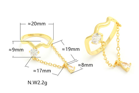 Anel zig zag com corrente e gota cristal no atacado