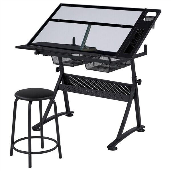 Glass Art Desk: Adjustable Height Drafting Table for Artists/Painters with Versatile Tabletop