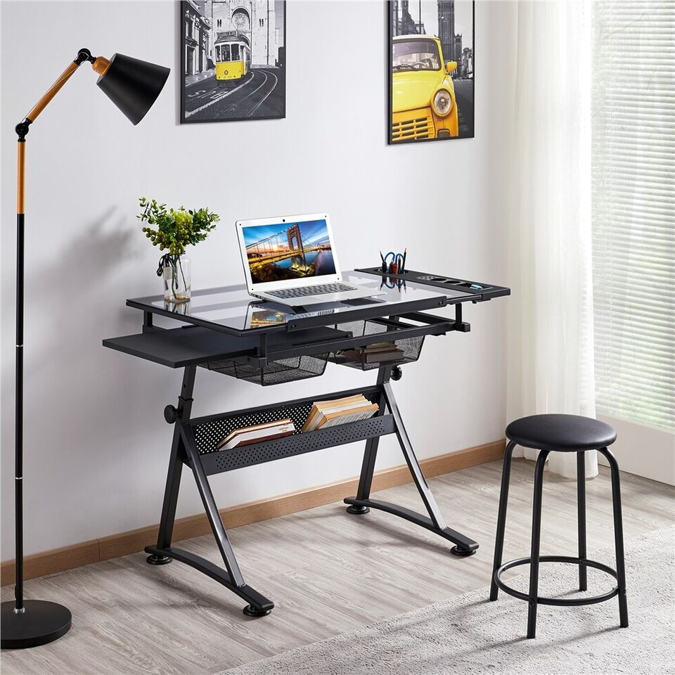 Glass Art Desk: Adjustable Height Drafting Table for Artists/Painters with Versatile Tabletop