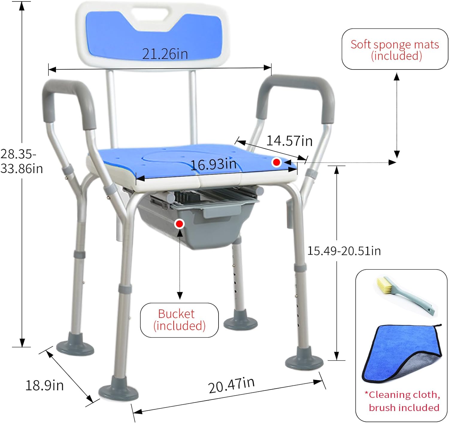 Bariatric Bedside Commode I Wide Padded Chair with Bucket  I Stand Alone Raised Toilet Seat I Shower Chair with Arms Model M122DE