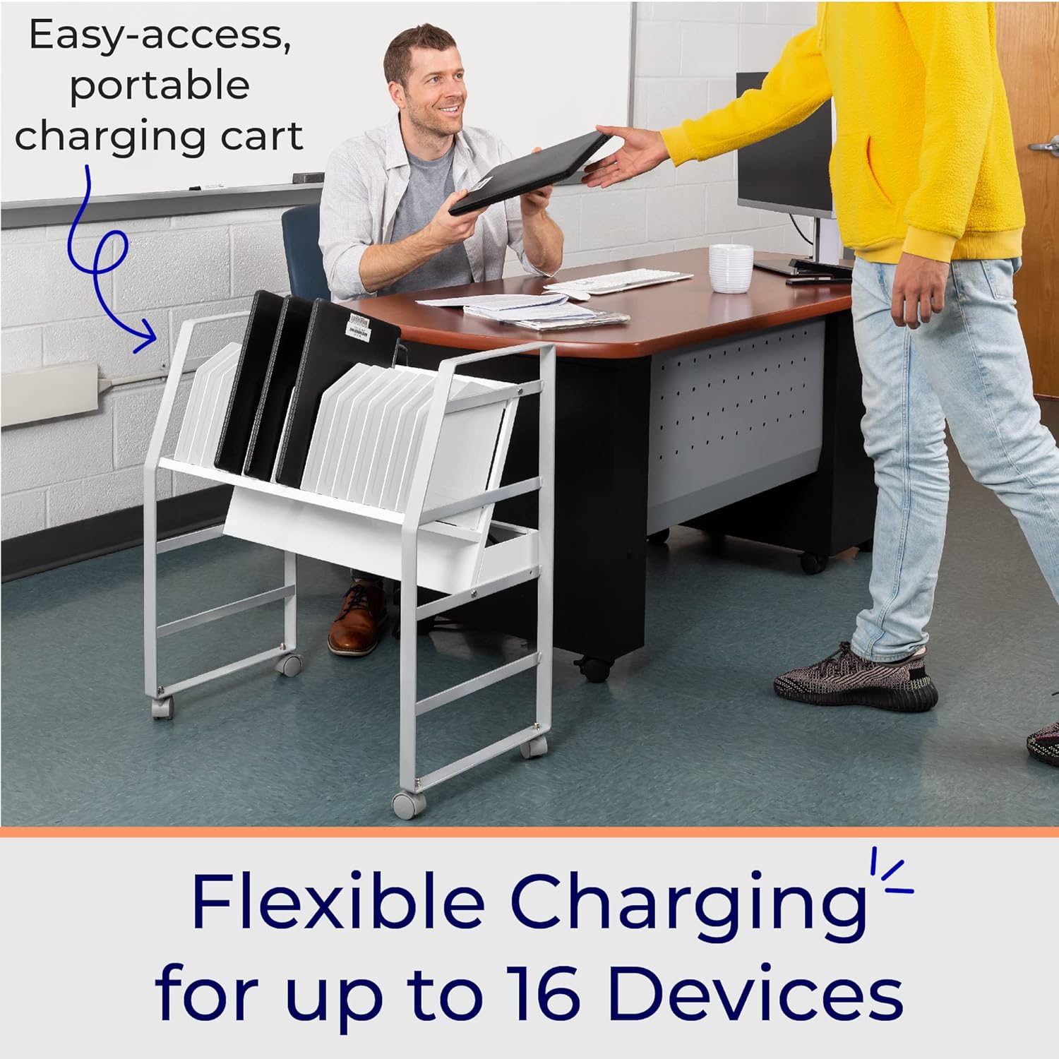 Portable 32-Device Mobile Charging Station | Rolling Open Storage Cart with Reversible Top Shelving | Tablets, Laptops, Chromebooks | UL Safety-Certified with Surge Protection
