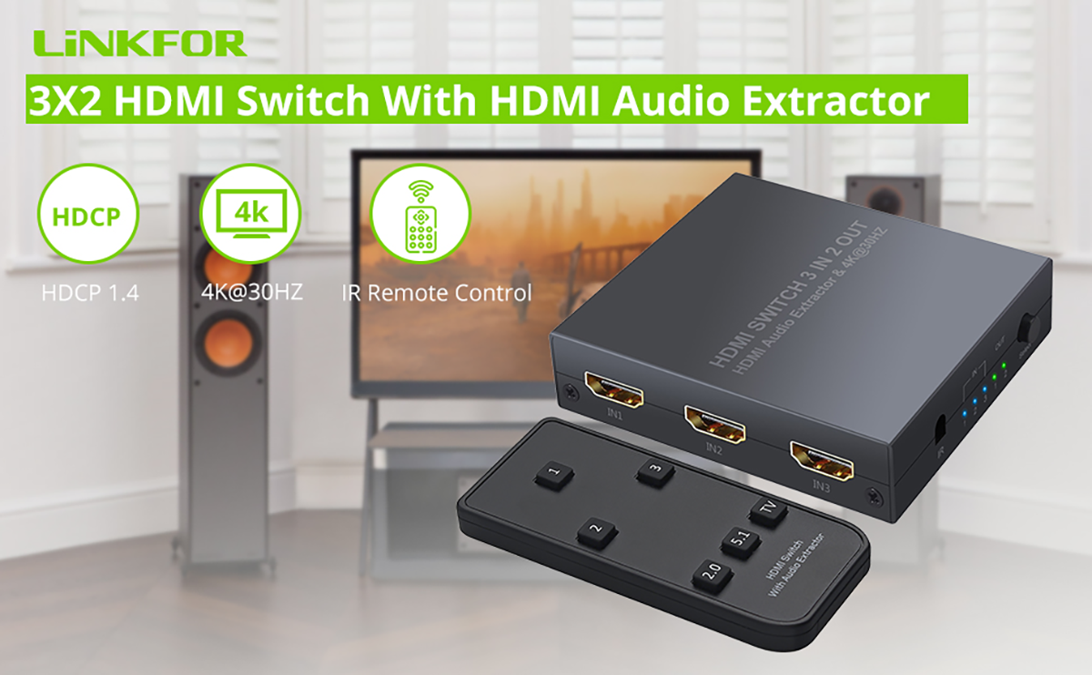 LiNKFOR 3x2 HDMI Switcher 4K 3D with HDMI Audio Extractor