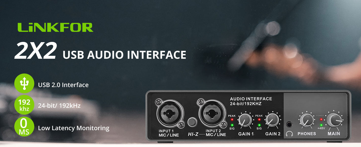 LiNKFOR 24 Bit/192 KHz USB Audio Interface 2i2 for Recording, Podcasting, Streaming (Free Driver)