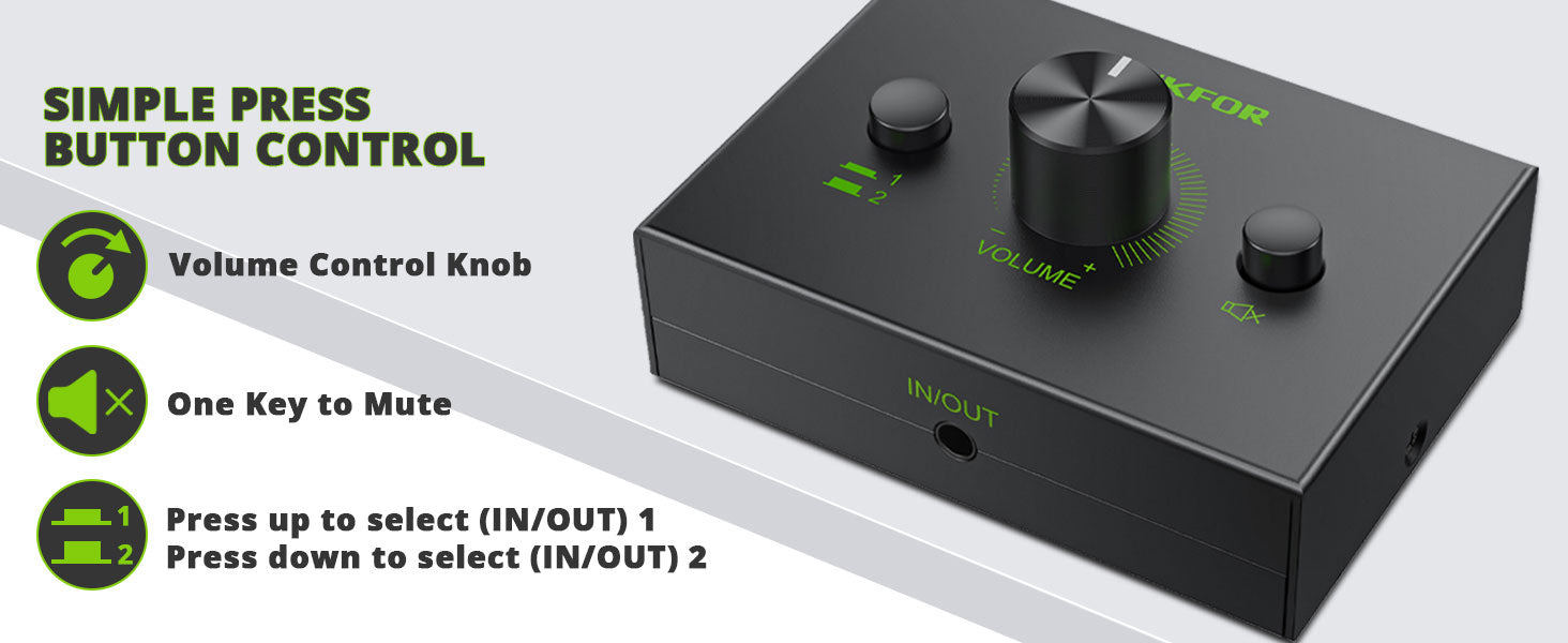 LiNKFOR 3.5mm Stereo Audio Switcher Support 1 In 2 Out or 2 In 1 Out