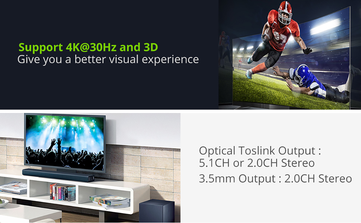 LiNKFOR 3x2 HDMI Switcher 4K 3D with HDMI Audio Extractor