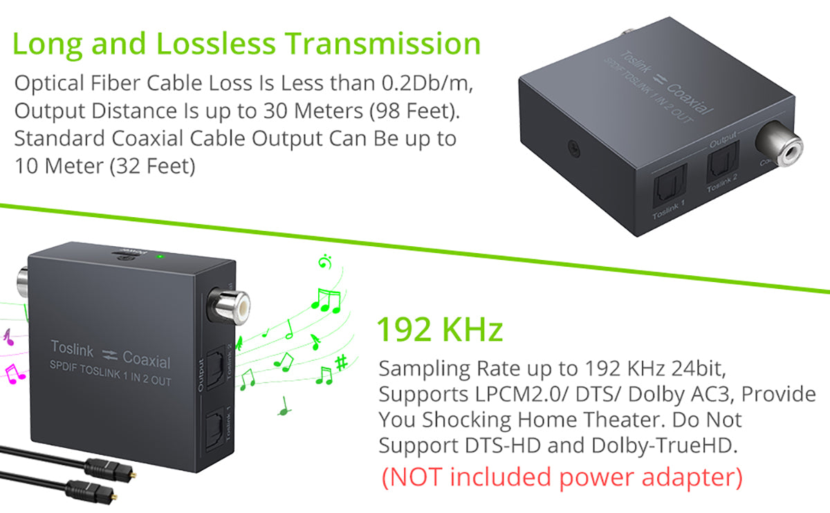 LiNKFOR Bi-Directional Toslink to Coaxial Converter 192 kHz Metal 1X2