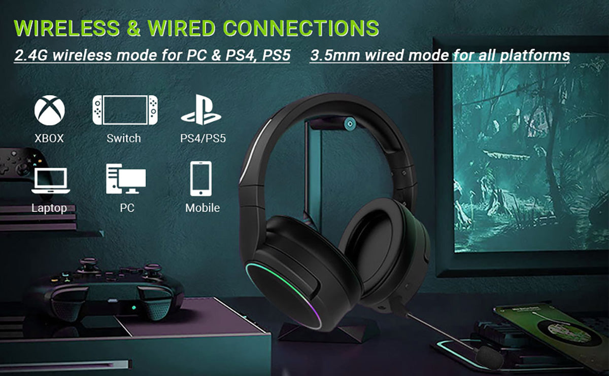 LiNKFOR 2.4G Wireless Gaming Headset for PS4 PS5 PC with Detachable Noise Cancellation Mic