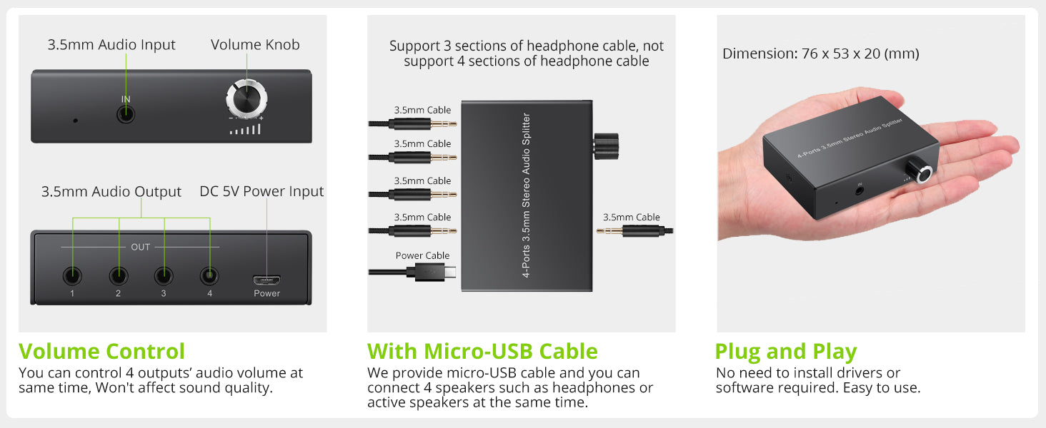 LiNKFOR 3.5mm Stereo Audio Splitter Support 1 In 4 Out