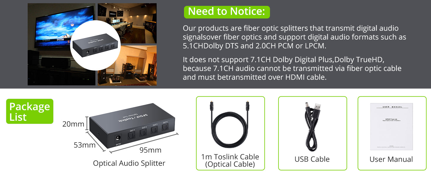 LiNKFOR Digital Optical Audio 1x4 Splitter Digital SPDIF Toslink Optical Fiber