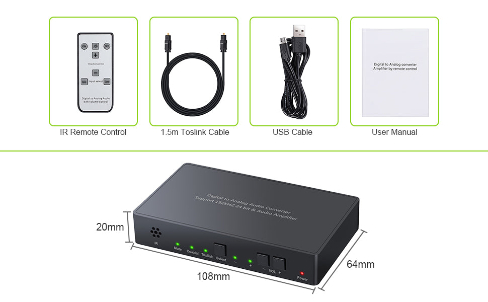 LiNKFOR 192kHz DAC Converter with Remote Control Support Volume Control Mute Power ON or OFF