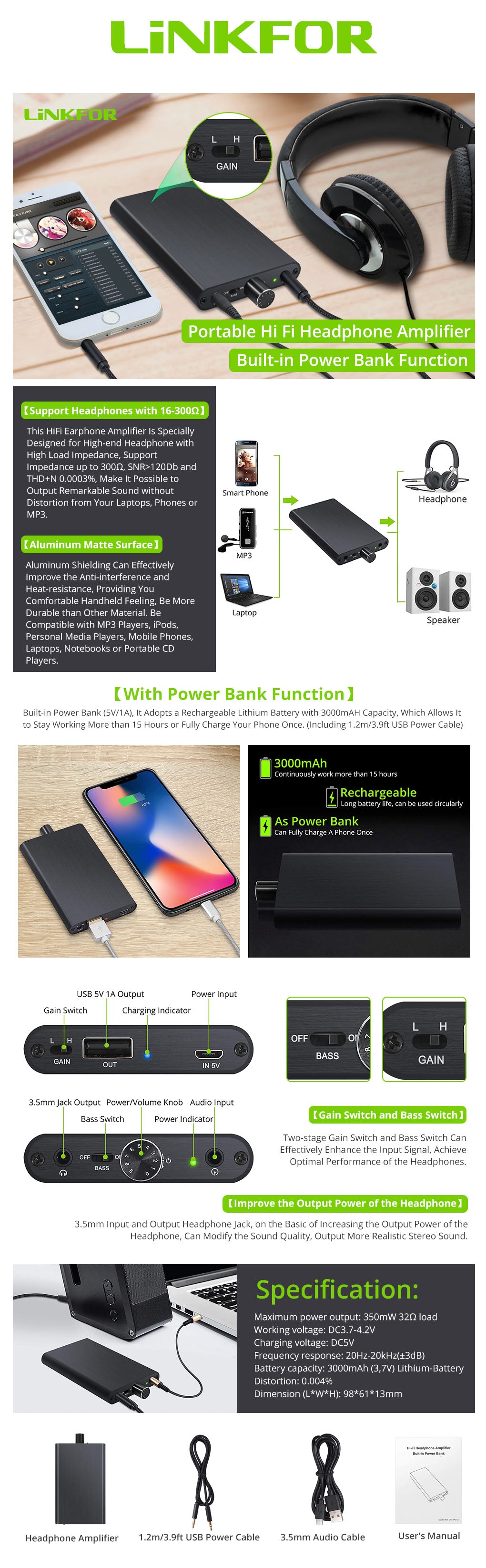 LiNKFOR HiFi Headphone Amplifier Built-in Power Bank Function