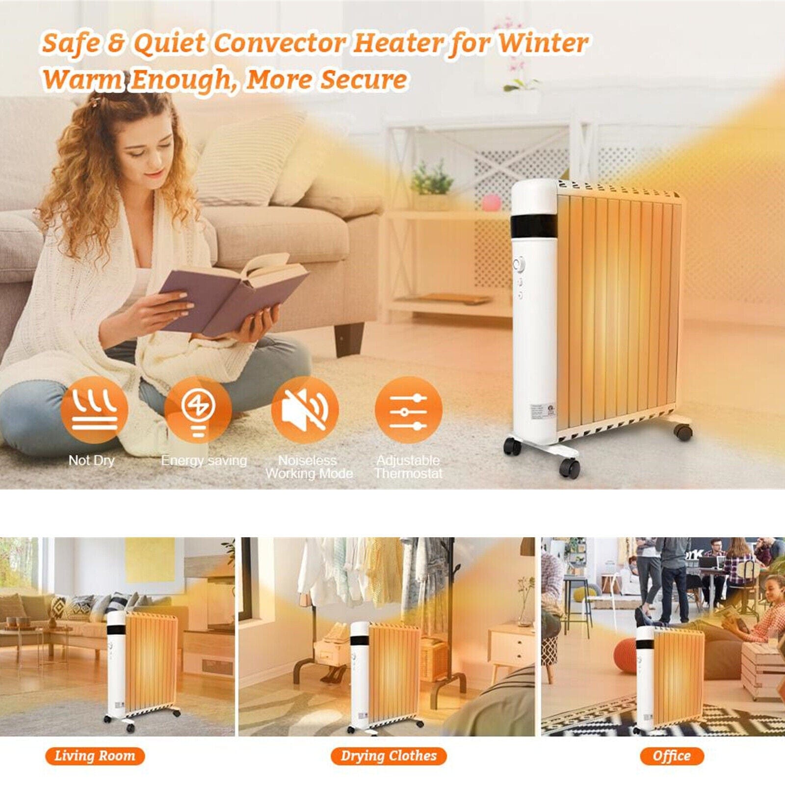 750W / 1500W Electric Space Heater Indoor Adjustable Thermostat Warmer w/ Wheels