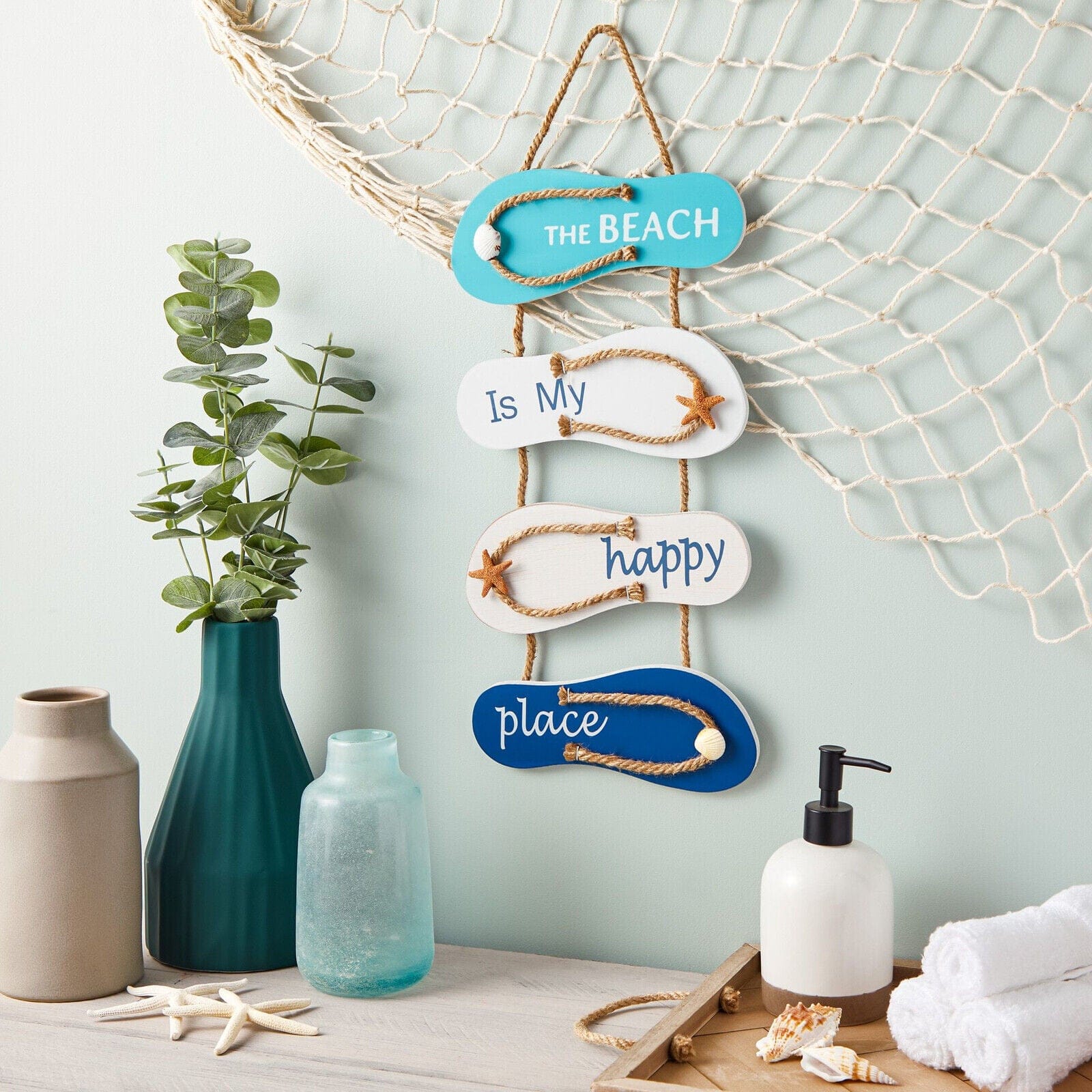 Hanging Flip Flop Beach Decor Wall Sign, Nautical Home Decorations, 8.5 x 20 In