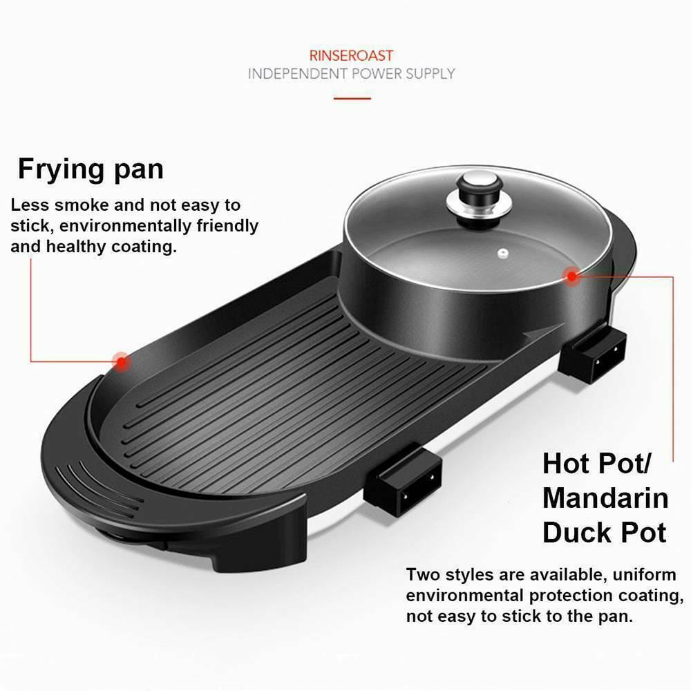 Portable Electric 2 in 1 Hot Pot Barbecue Grill Non-Stick Teppanyaki Pan Soup