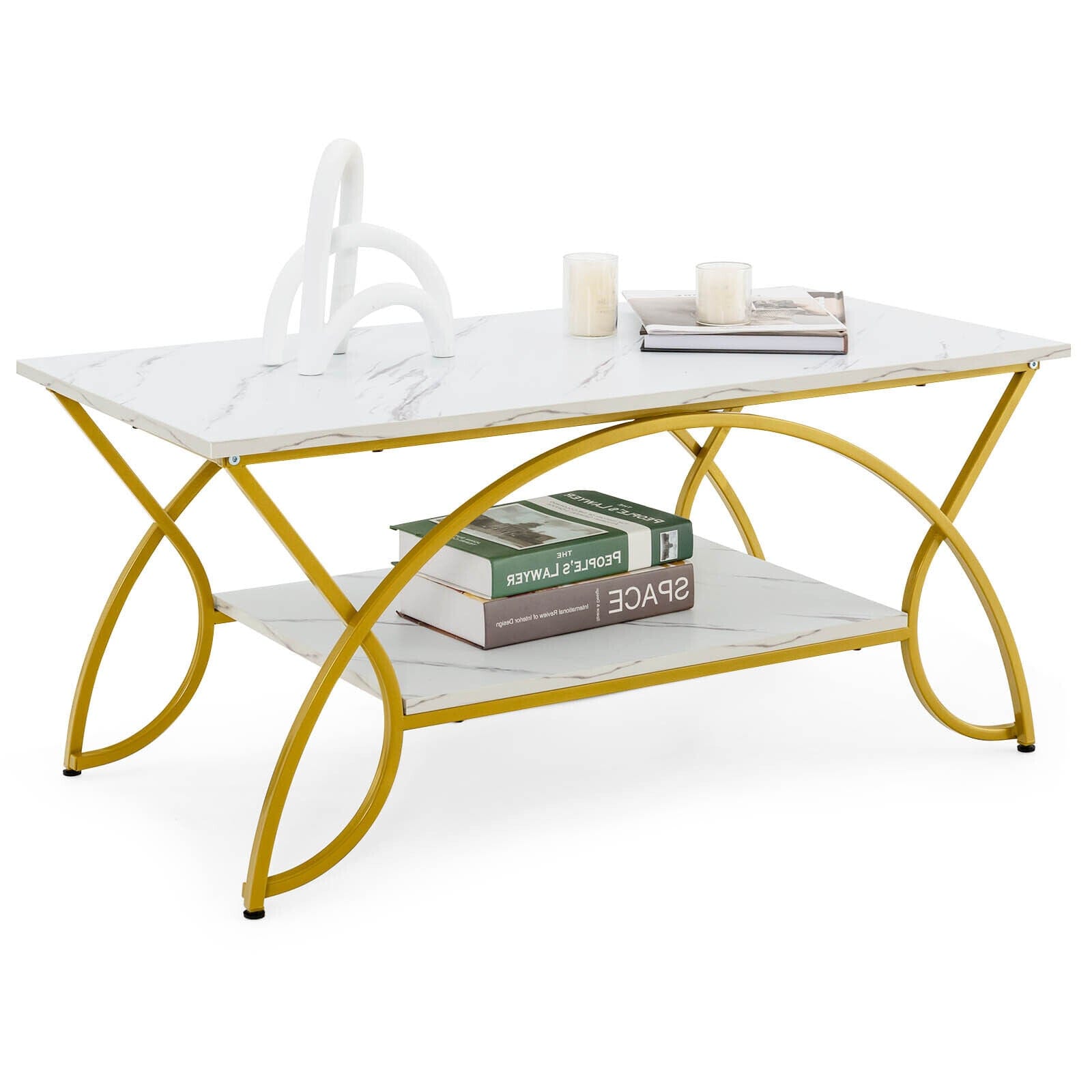 Coffee Table Modern Marble 2-Tier Coffee Table Gold Rectangle for Living Room