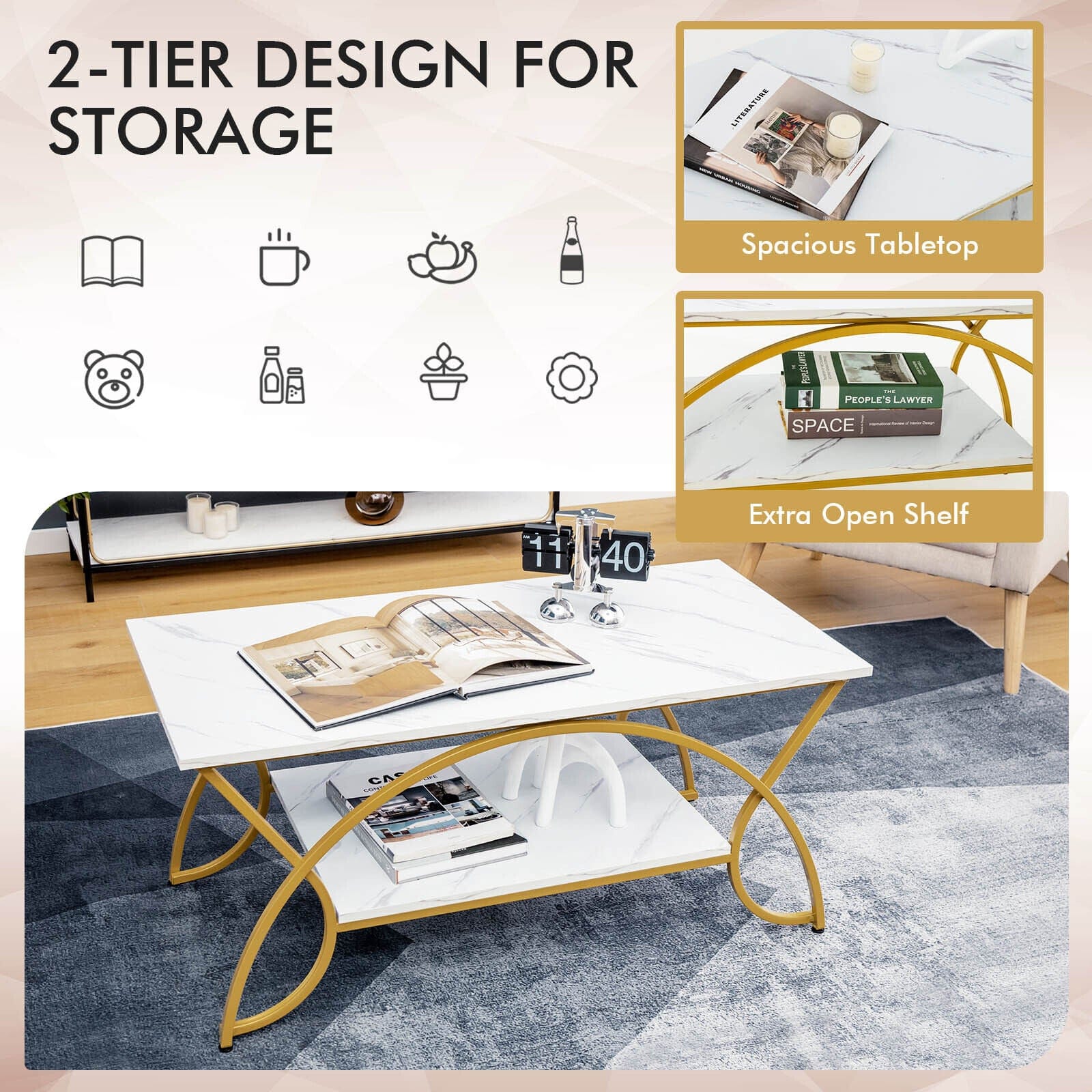 Coffee Table Modern Marble 2-Tier Coffee Table Gold Rectangle for Living Room