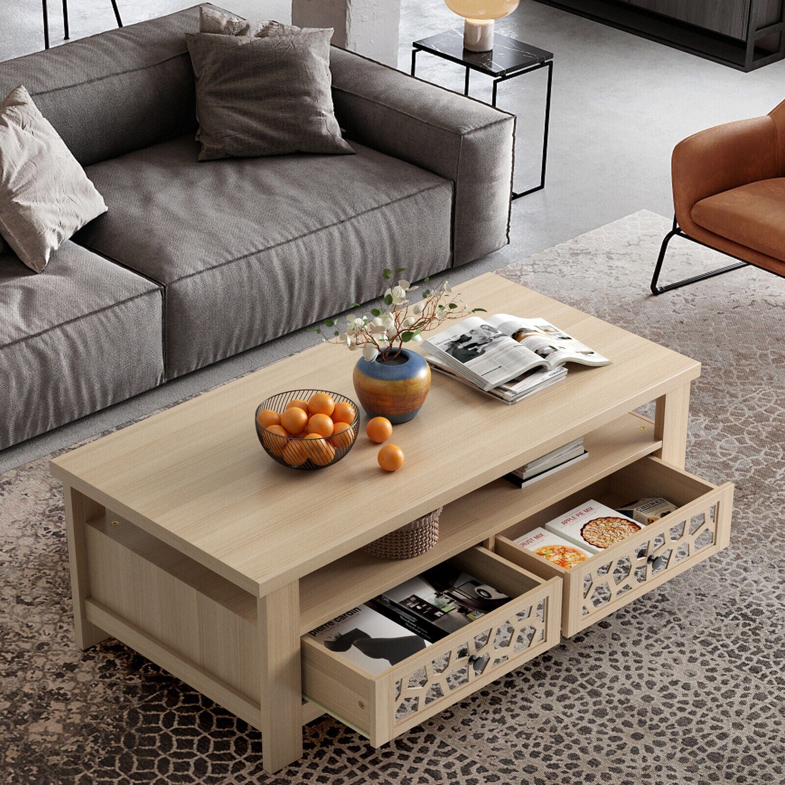 Modern Coffee Table W/2 Drawers & Open Shelf Rectangular Wood Living Room Table