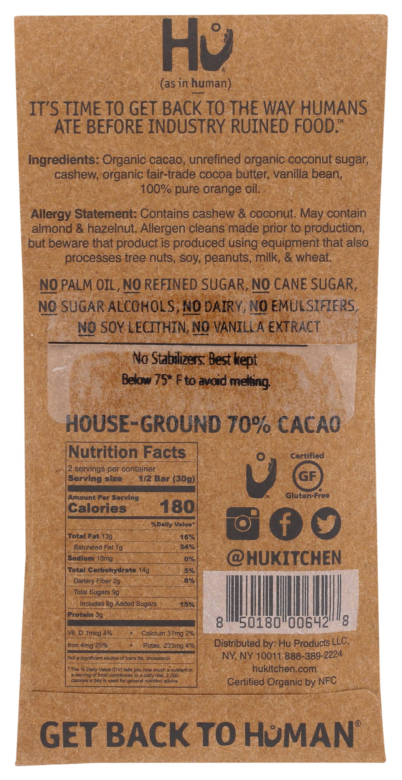 Hu Kitchen Orange Cashew Butter Chocolate Bar, 2.1 OZ