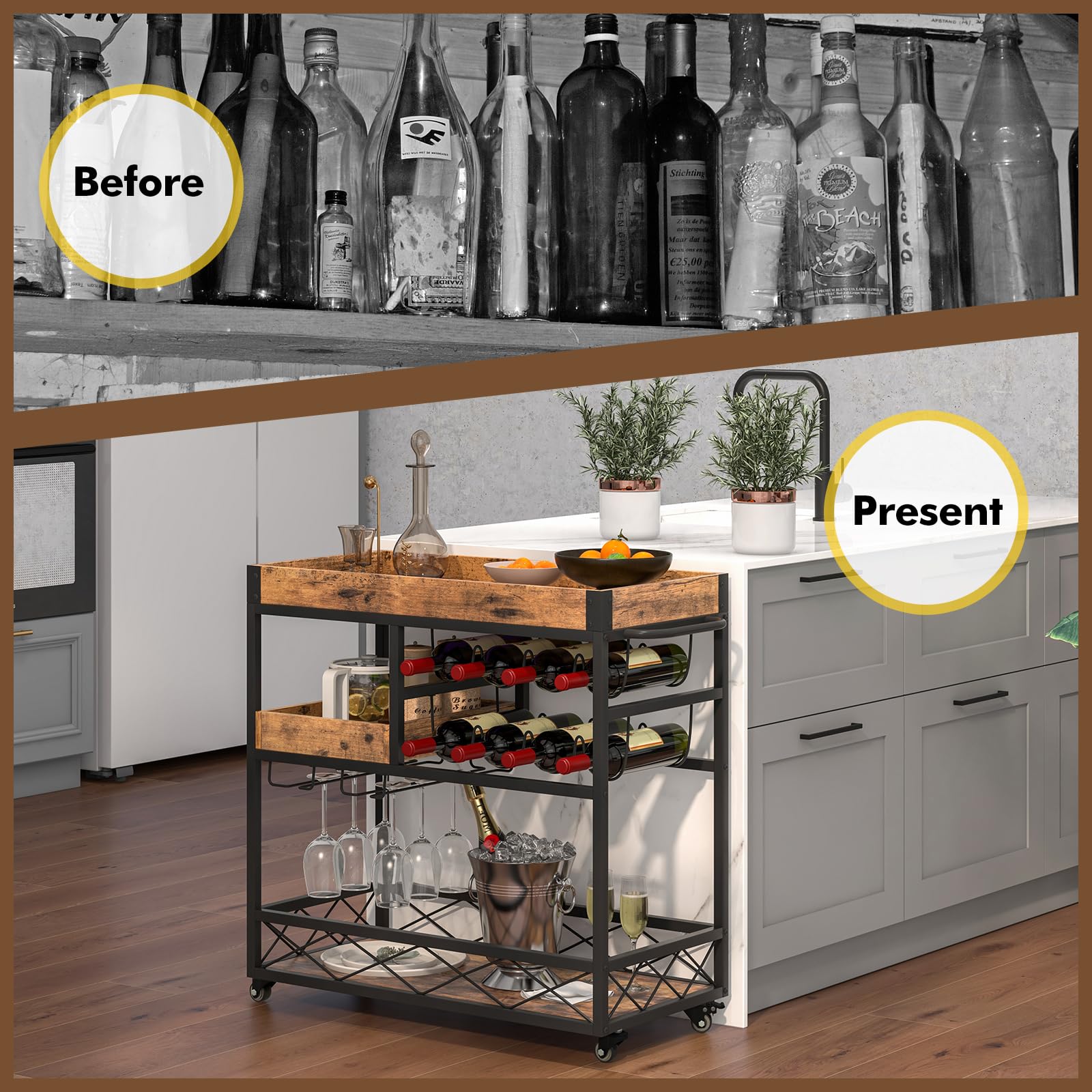 Giantex Home Bar Serving Cart, 3-Tier Rolling Bar Cart with Removable Tray, Wine Rack & Glass Holder, Rustic Brown