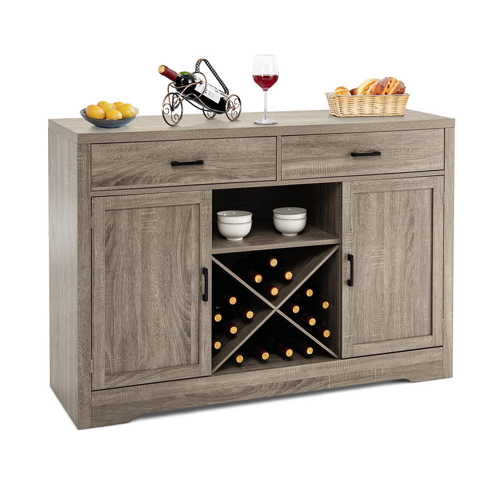 Giantex Buffet Cabinet, Farmhouse Sideboard with 2 Large Storage Drawers, Detachable Wine Rack(Gray)