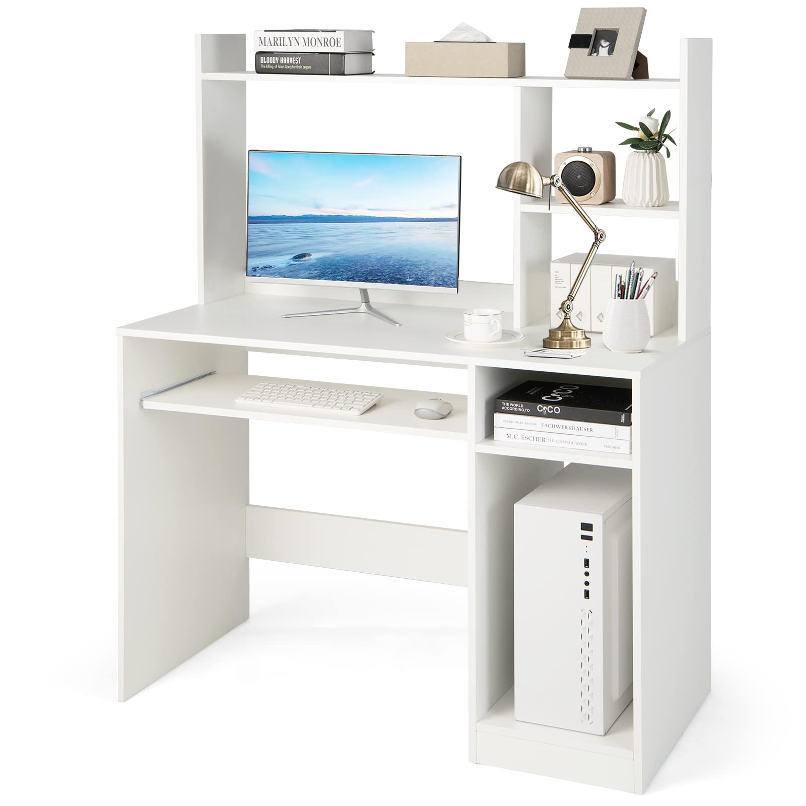 Giantex White Computer Desk with Hutch and Bookshelf