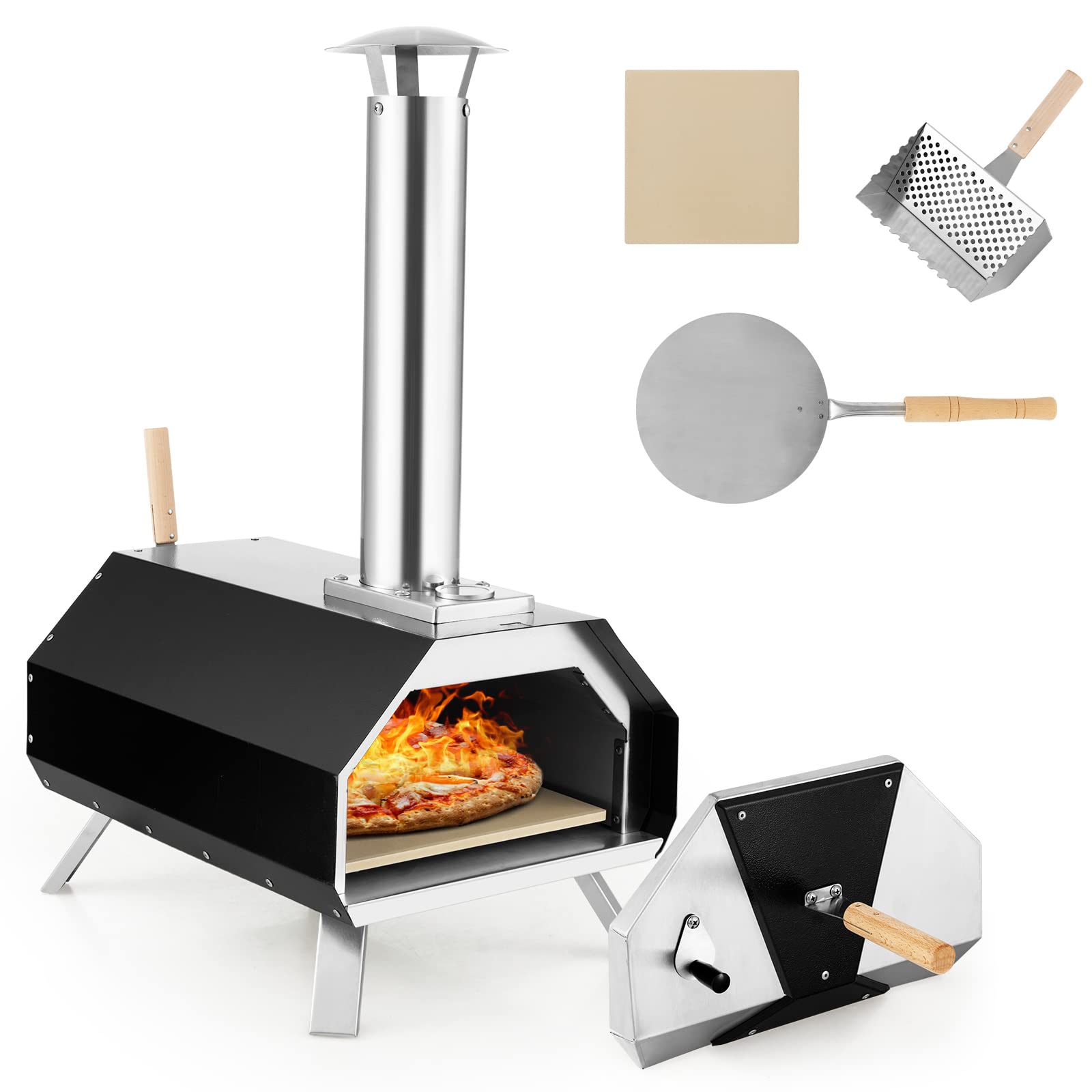 Giantex Outdoor Pizza Oven, Wood Pellet Fired Pizza Grill with 12' Pizza Stone, Pizza Peel, (Black & Silver)