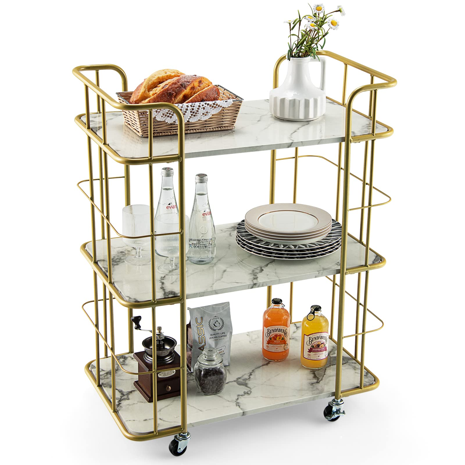 Giantex Gold Bar Cart, Home Island Service Cart, 3 Tier Storage Shelves with Guardrail, White