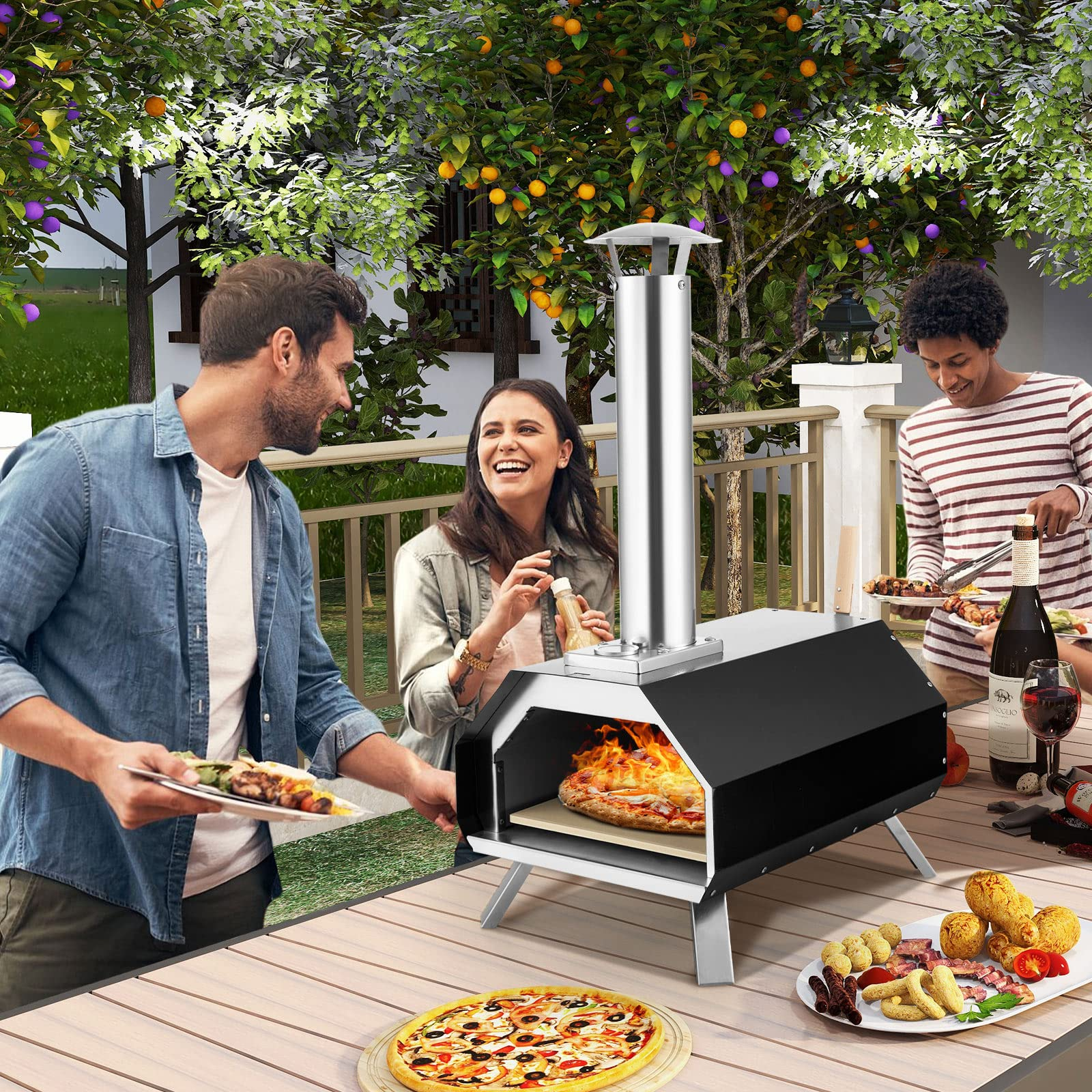 Giantex Outdoor Pizza Oven, Wood Pellet Fired Pizza Grill with 12' Pizza Stone, Pizza Peel, (Black & Silver)