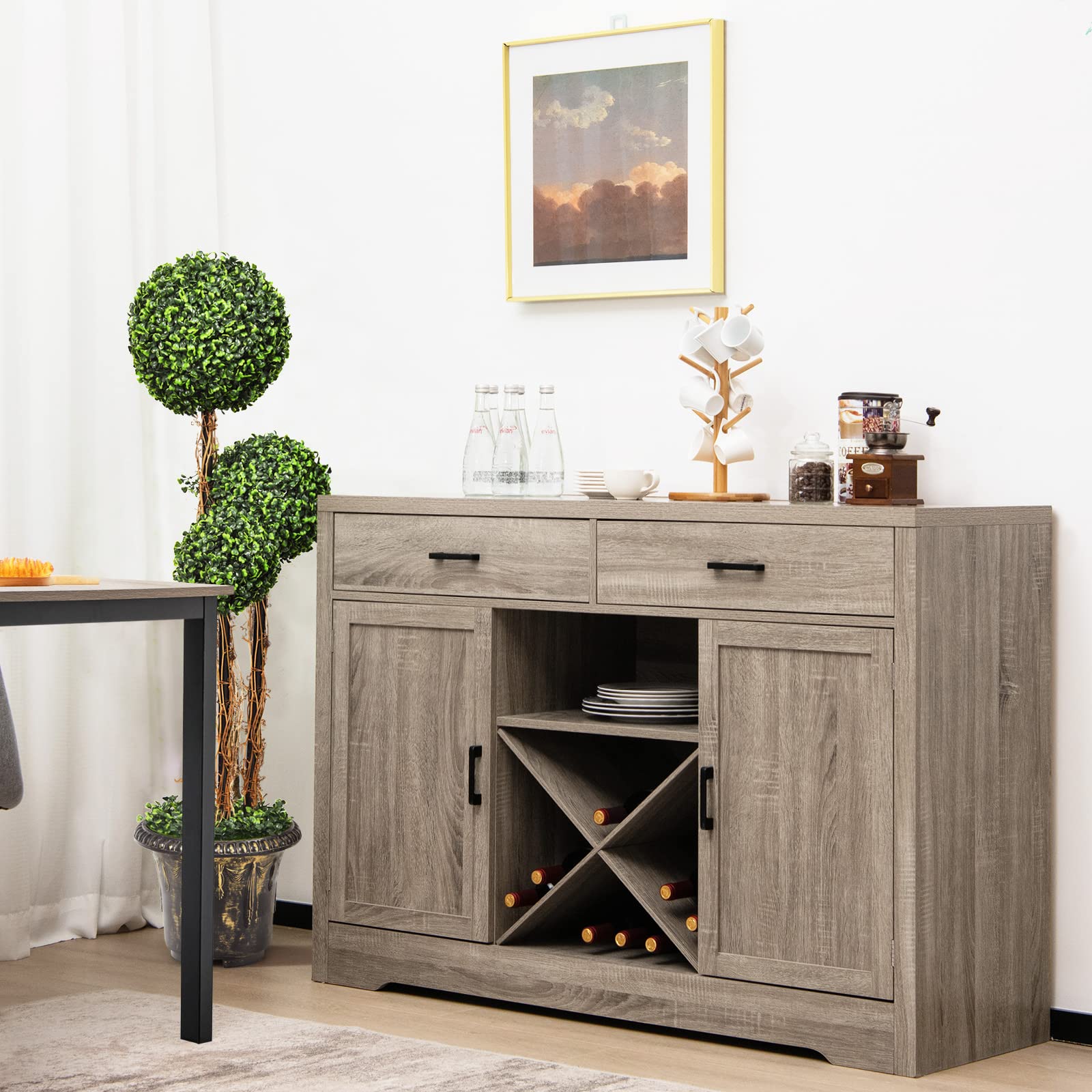 Giantex Buffet Cabinet, Farmhouse Sideboard with 2 Large Storage Drawers, Detachable Wine Rack(Gray)