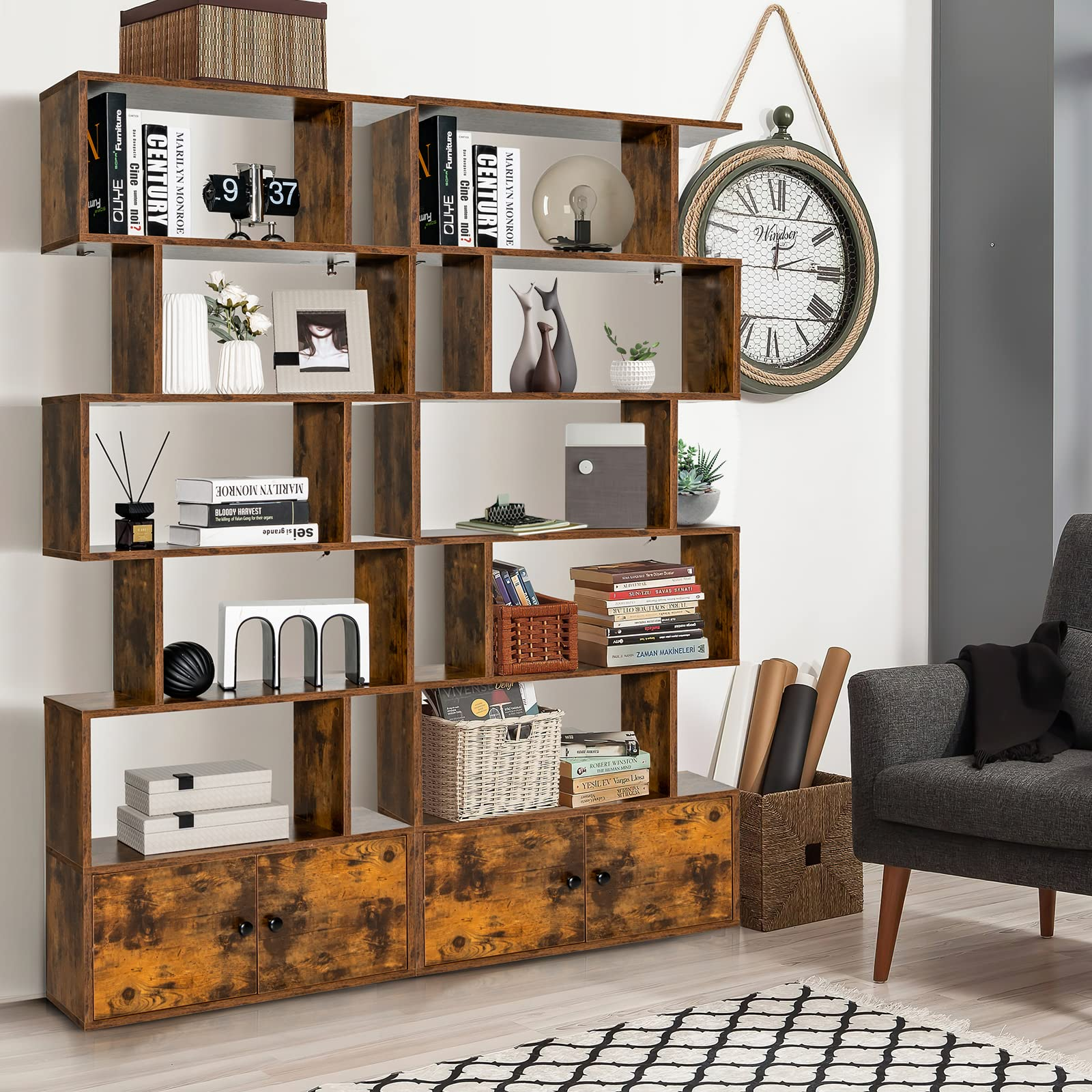 Giantex Set of 2 6-Tier Geometric Bookcase with Cabinet