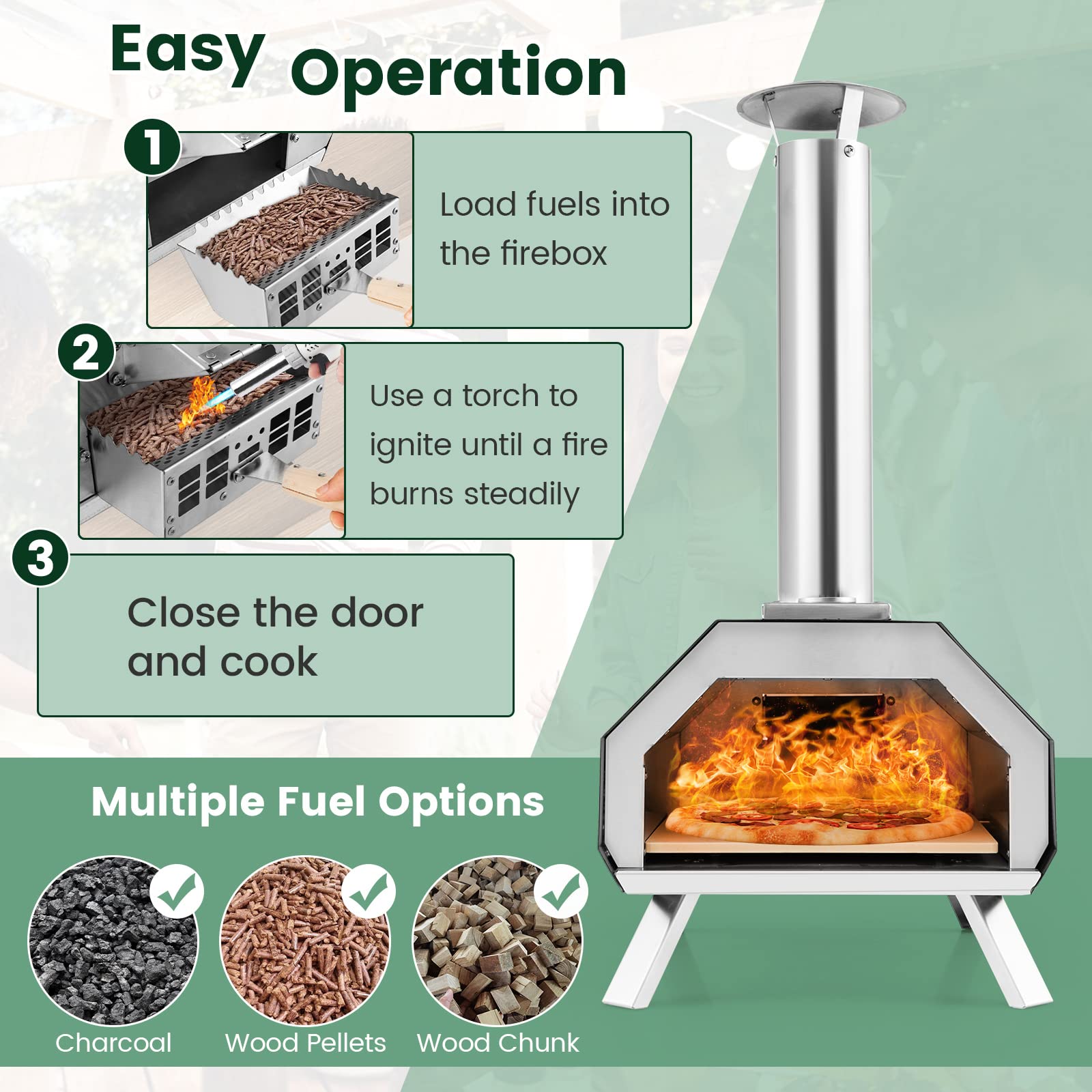 Giantex Outdoor Pizza Oven, Wood Pellet Fired Pizza Grill with 12' Pizza Stone, Pizza Peel, (Black & Silver)