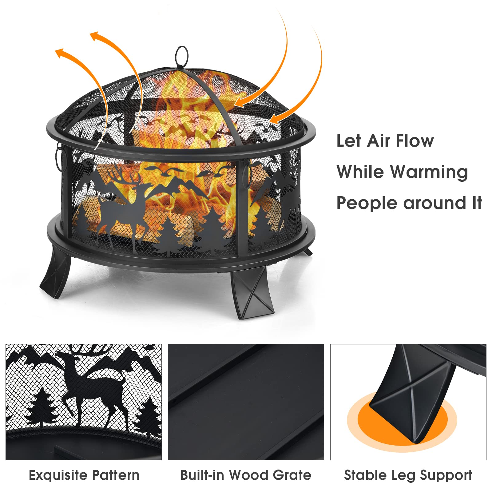 26 Inch Outdoor Firepit for Backyard, Garden and Patio Bonfires with Spark Screen